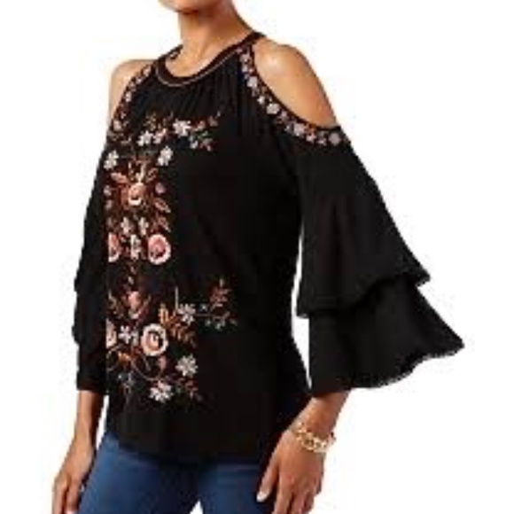 International Concepts Floral Mix BOHO Embroidered Cold-Shoulder  SZ M - Picture 1 of 6